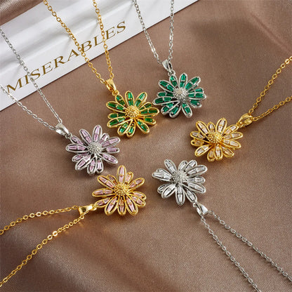 Titanium Steel Copper Sweet Shiny Plating Inlay Flower Zircon Pendant Necklace