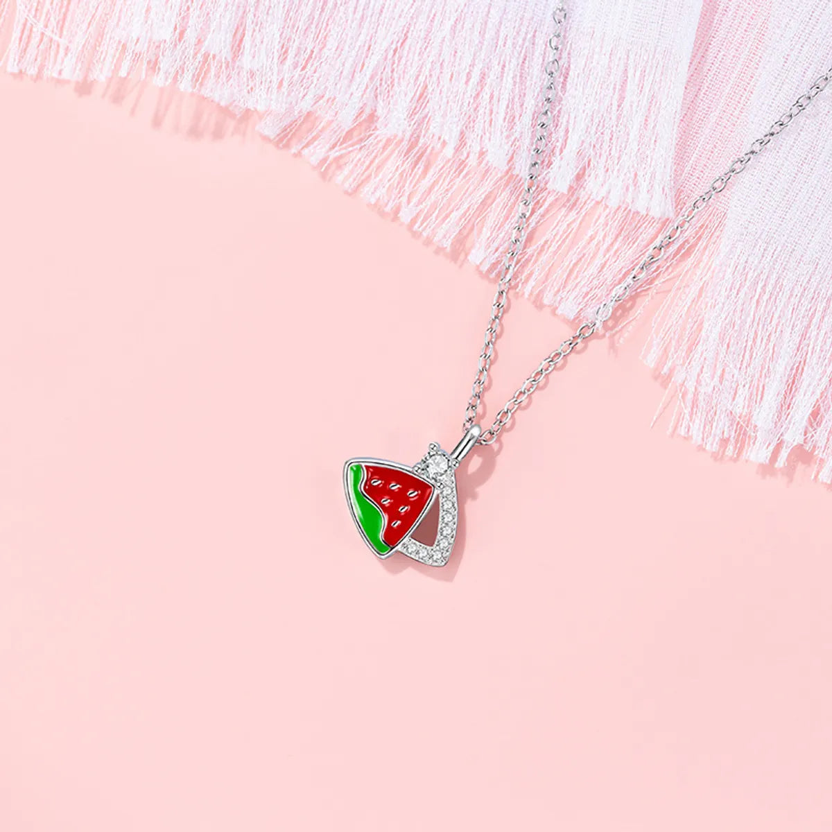 Titanium Steel Copper Sweet Watermelon Inlaid Zircon Pendant Necklace