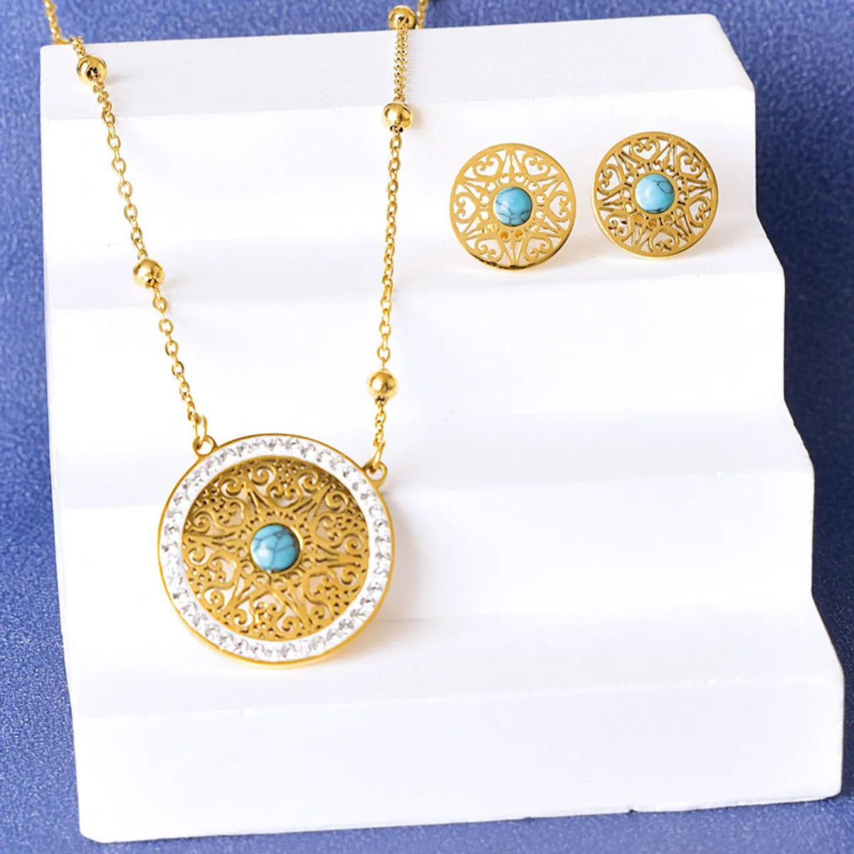 304 Stainless Steel 18K Gold Plated Elegant Retro Lady Plating Inlay Round Life Tree Grid Turquoise Rhinestones Earrings Necklace