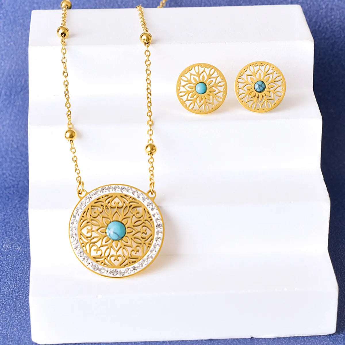 304 Stainless Steel 18K Gold Plated Elegant Retro Lady Plating Inlay Round Life Tree Grid Turquoise Rhinestones Earrings Necklace