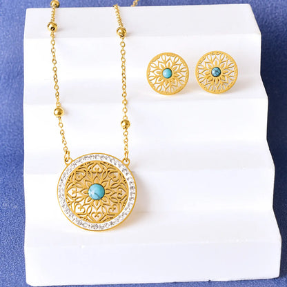 304 Stainless Steel 18K Gold Plated Elegant Retro Lady Plating Inlay Round Life Tree Grid Turquoise Rhinestones Earrings Necklace