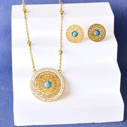 304 Stainless Steel 18K Gold Plated Elegant Retro Lady Plating Inlay Round Life Tree Grid Turquoise Rhinestones Earrings Necklace