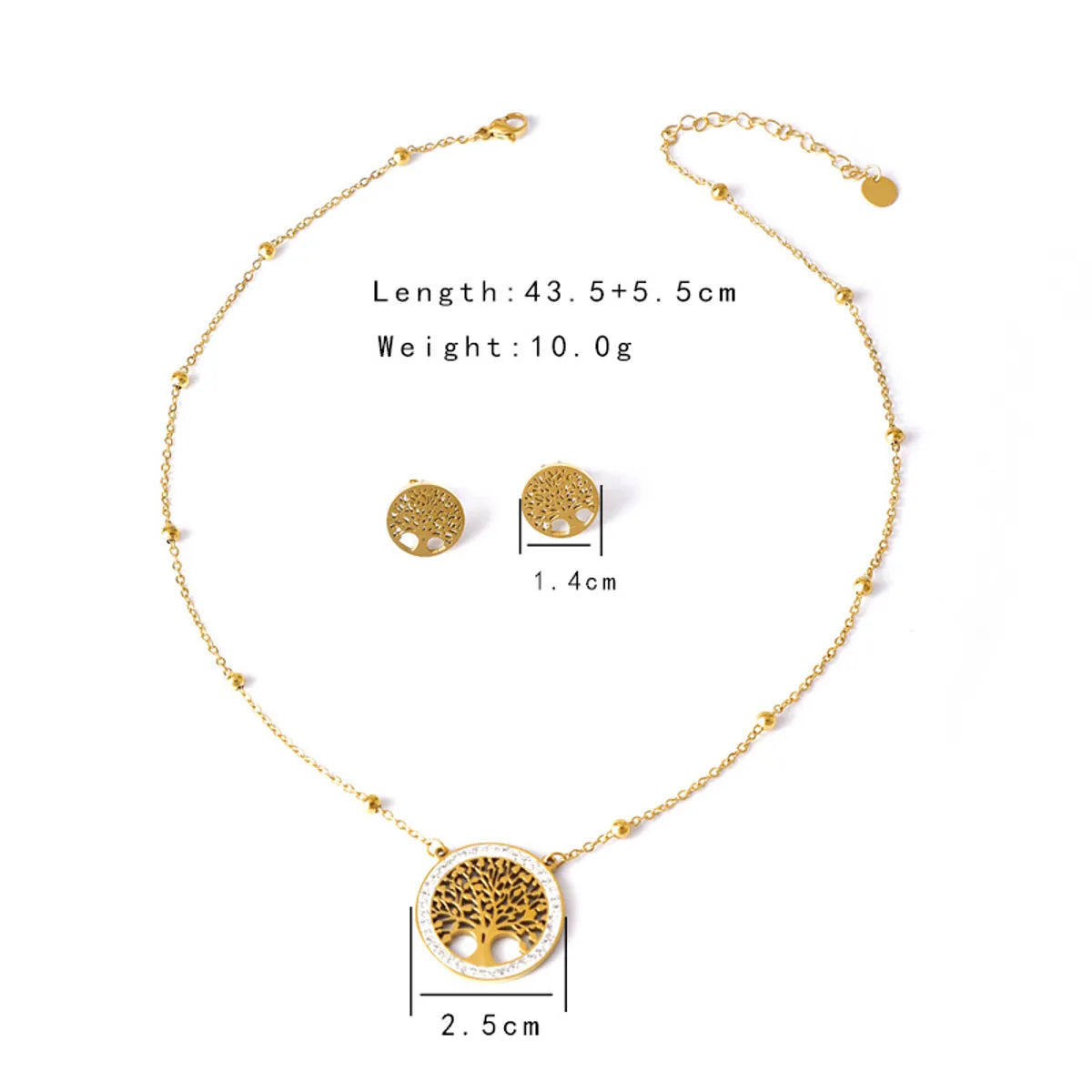 304 Stainless Steel 18K Gold Plated Elegant Retro Lady Plating Inlay Round Life Tree Grid Turquoise Rhinestones Earrings Necklace