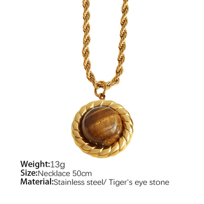 Titanium Steel Elegant Retro Round Plating Inlay Tiger Eye Earrings Necklace