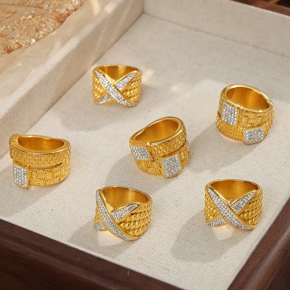 Wholesale Jewelry Elegant Simple Style Cross Titanium Steel Rhinestones 18K Gold Plated Plating Inlay Wide Band Rings