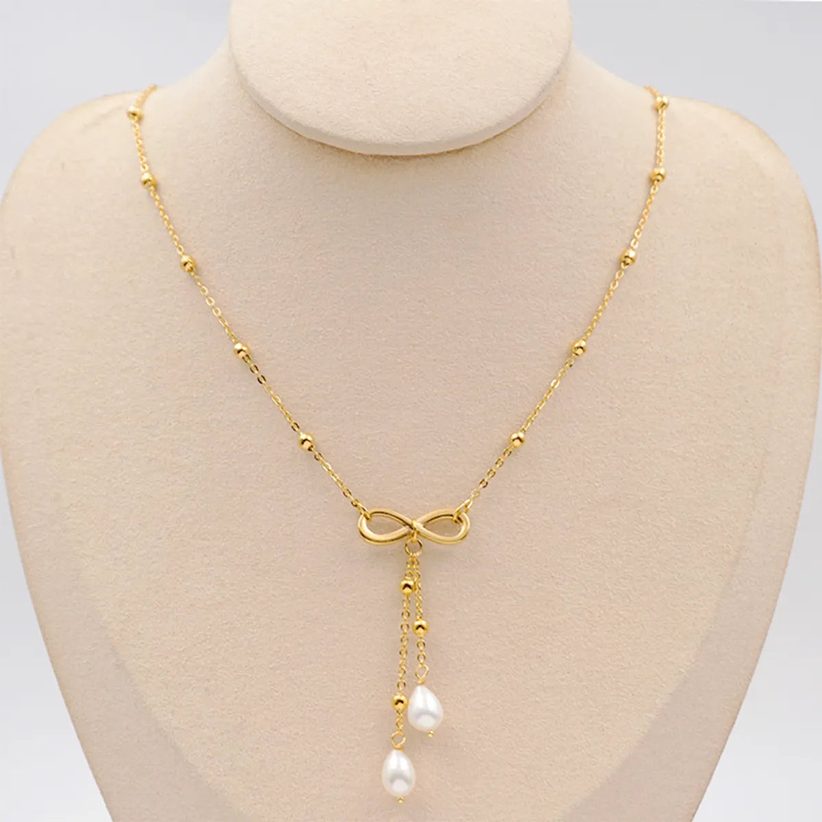 304 Stainless Steel Freshwater Pearl Titanium Steel Gold Plated Cute Simple Style Bow Knot Freshwater Pearl Pendant Necklace