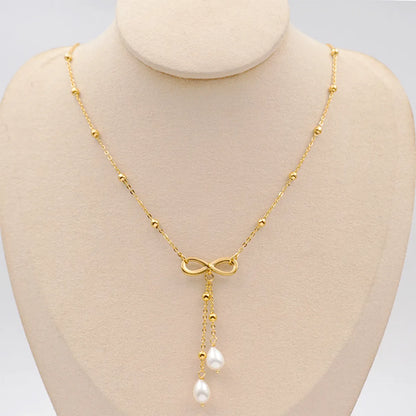 304 Stainless Steel Freshwater Pearl Titanium Steel Gold Plated Cute Simple Style Bow Knot Freshwater Pearl Pendant Necklace