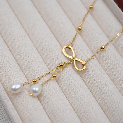 304 Stainless Steel Freshwater Pearl Titanium Steel Gold Plated Cute Simple Style Bow Knot Freshwater Pearl Pendant Necklace