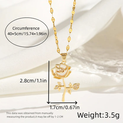 Wholesale Jewelry Romantic Sweet Simple Style Moon Rose Daisy Titanium Steel Resin Zircon 18K Gold Plated Enamel Plating Inlay Pendant Necklace