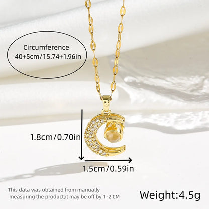 Wholesale Jewelry Romantic Sweet Simple Style Moon Rose Daisy Titanium Steel Resin Zircon 18K Gold Plated Enamel Plating Inlay Pendant Necklace