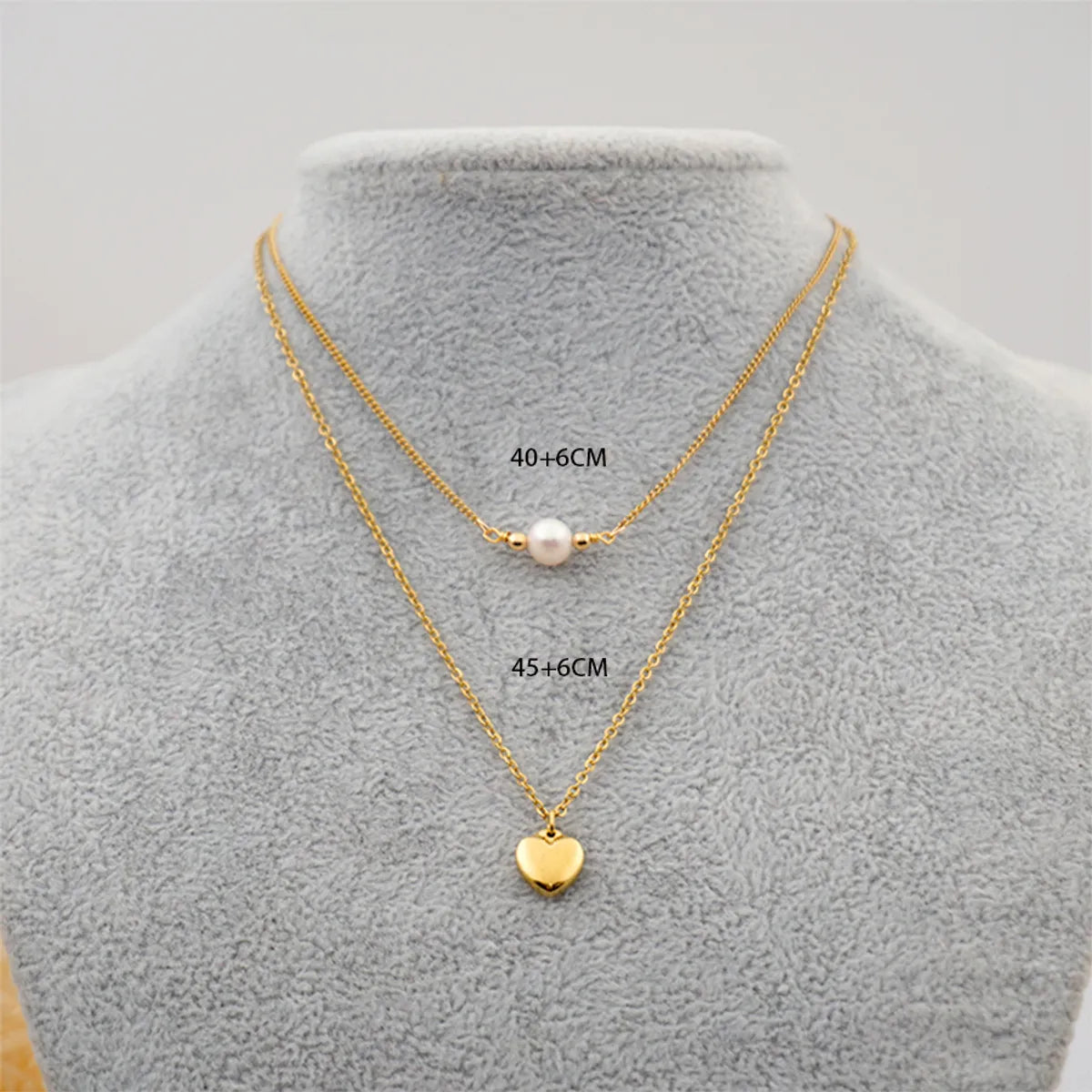 Titanium Steel Gold Plated Simple Style Heart Shape Inlay Artificial Pearls Double Layer Necklaces Sweater Chain