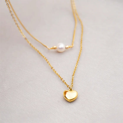 Titanium Steel Gold Plated Simple Style Heart Shape Inlay Artificial Pearls Double Layer Necklaces Sweater Chain