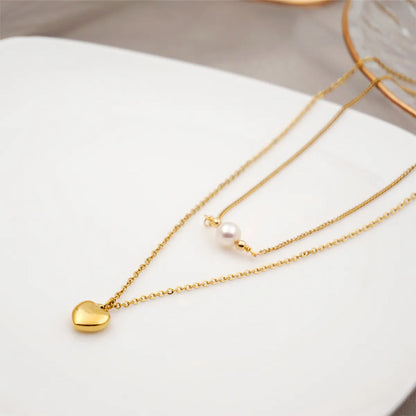 Titanium Steel Gold Plated Simple Style Heart Shape Inlay Artificial Pearls Double Layer Necklaces Sweater Chain