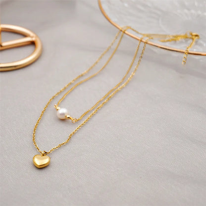 Titanium Steel Gold Plated Simple Style Heart Shape Inlay Artificial Pearls Double Layer Necklaces Sweater Chain