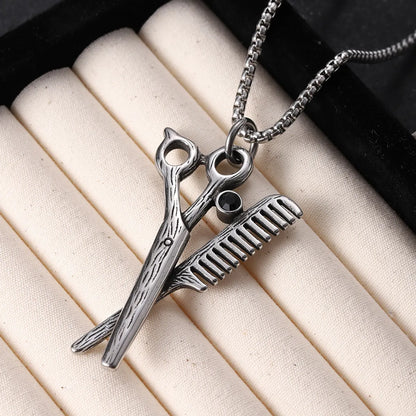 304 Stainless Steel Hip-Hop Punk Scissors COMD Hammer Turquoise Glass Stone Pendant Necklace