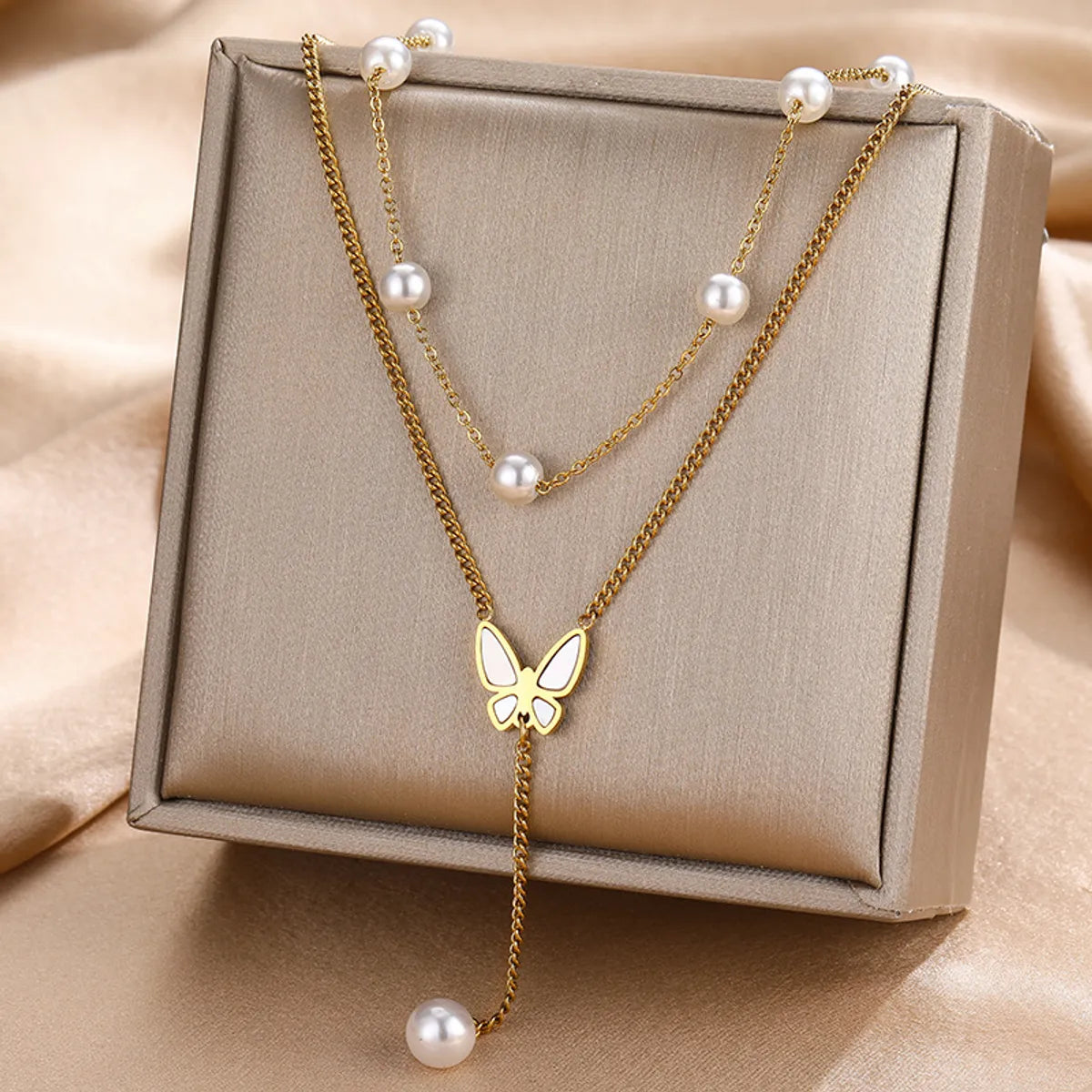 Titanium Steel IG Style Butterfly Plating Inlay Artificial Pearls Double Layer Necklaces