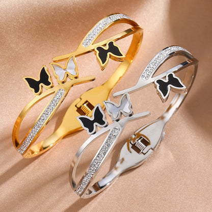 Titanium Steel IG Style Butterfly Plating Inlay Zircon Bangle