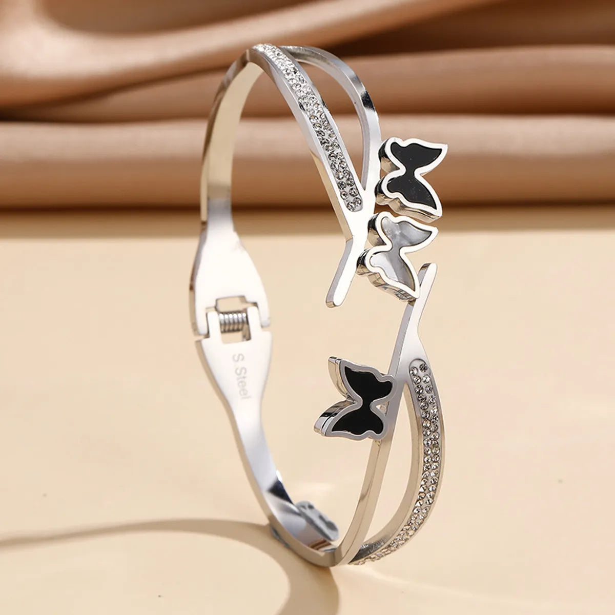 Titanium Steel IG Style Butterfly Plating Inlay Zircon Bangle