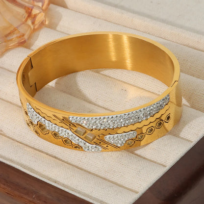 Titanium Steel Ig Style Flower Chains Print Plating Hollow Out Inlay Rhinestones Bangle