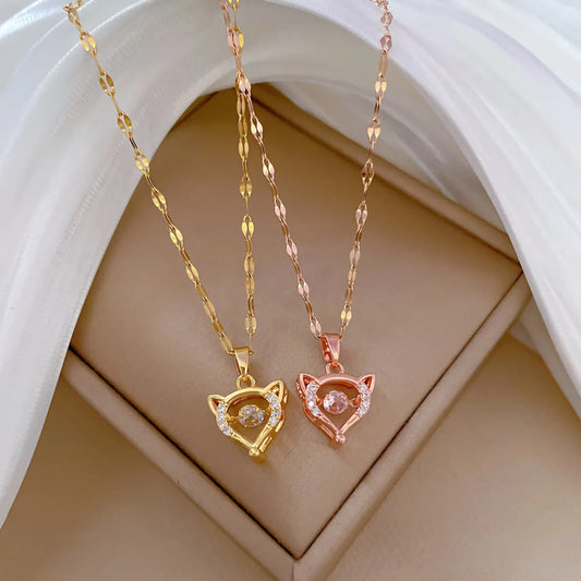 Titanium Steel IG Style Heart Shape Fox Hollow Out Inlay Artificial Gemstones Pendant Necklace