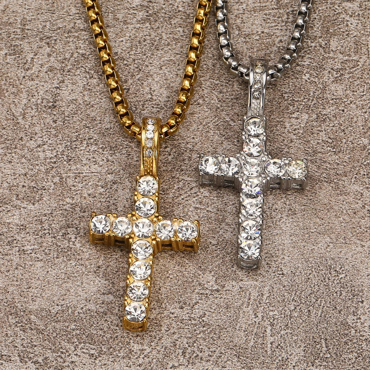 Titanium Steel Ig Style Hip-hop Korean Style Cross Inlay Zircon Pendant Necklace