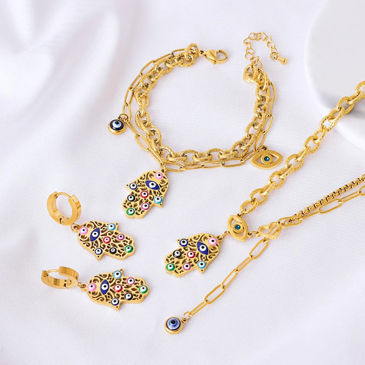 Titanium Steel IG Style Lady Bohemian Enamel Water Droplets Heart Shape Bell Jewelry Set