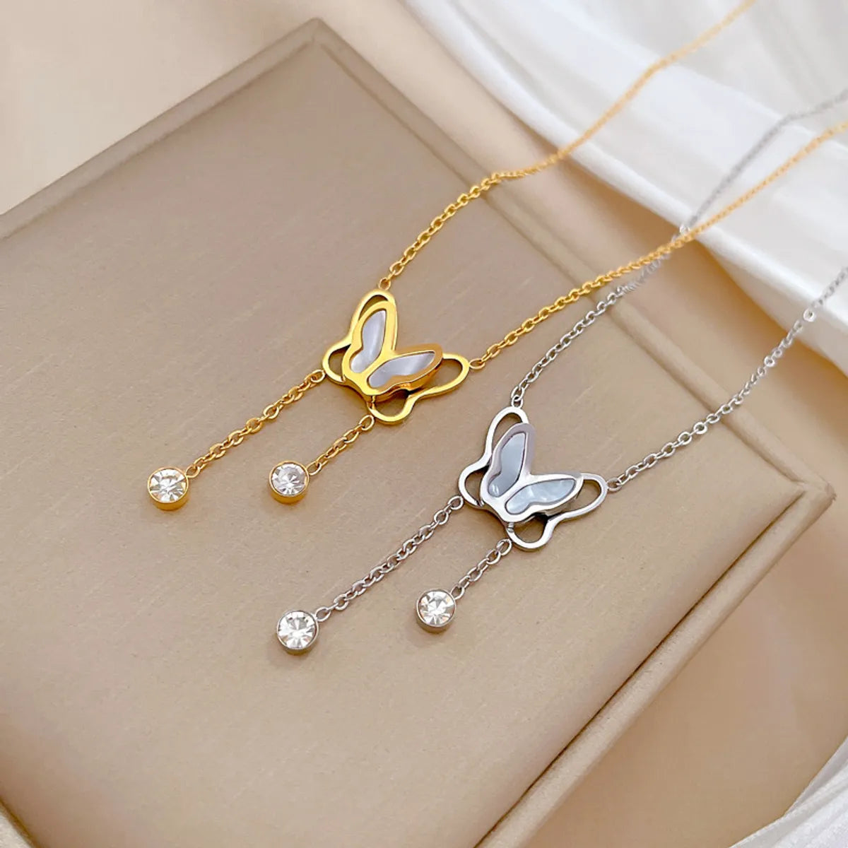 Titanium Steel IG Style Sweet Butterfly Plating Inlay Shell Zircon Necklace