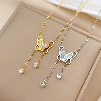 Titanium Steel IG Style Sweet Butterfly Plating Inlay Shell Zircon Necklace