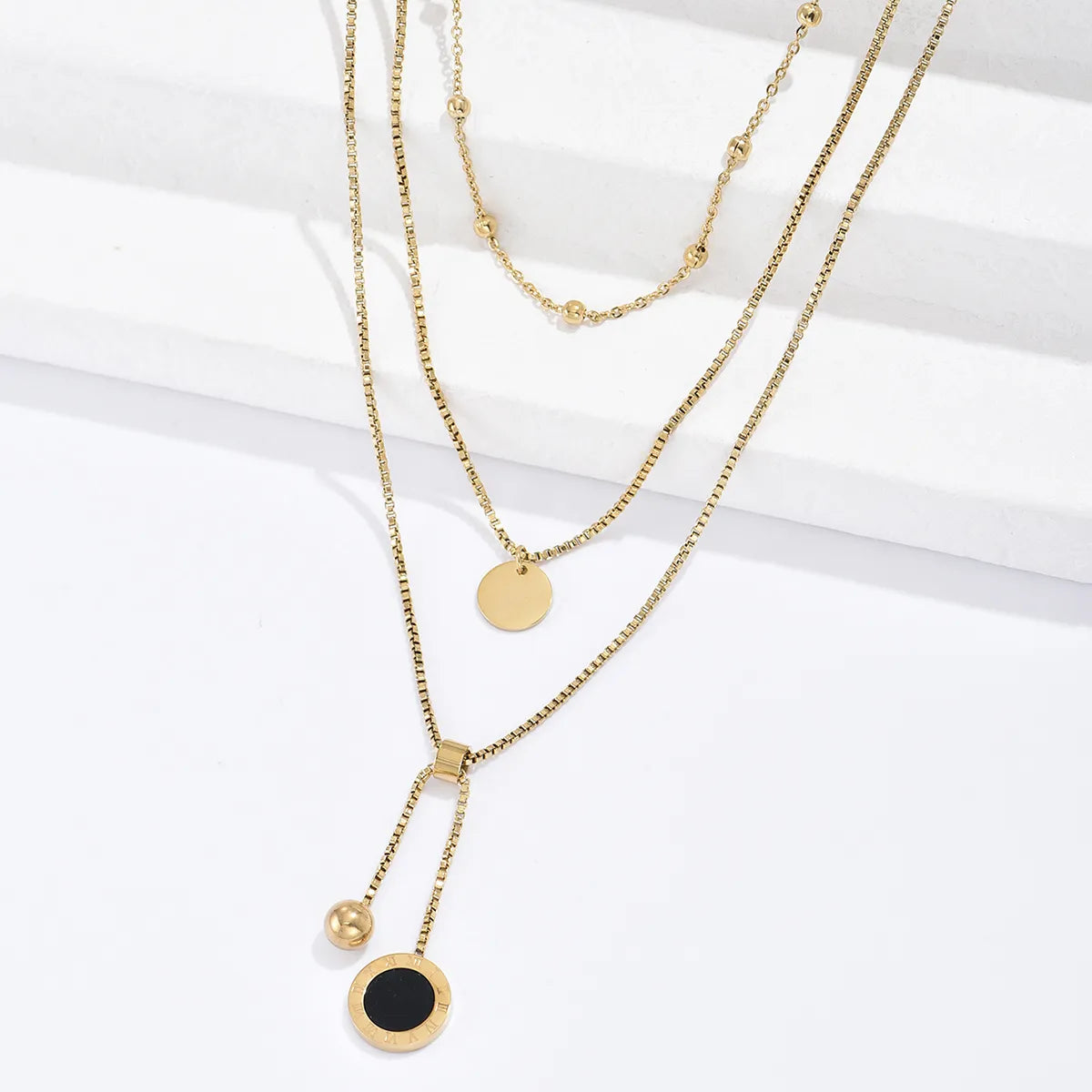 Titanium Steel Plated 14k Gold Fashion Personality Round Roman Numerals Black Shell Three Layer Necklace