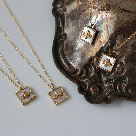 Titanium Steel Simple Bee Cube Square Geometric White Shell Necklace