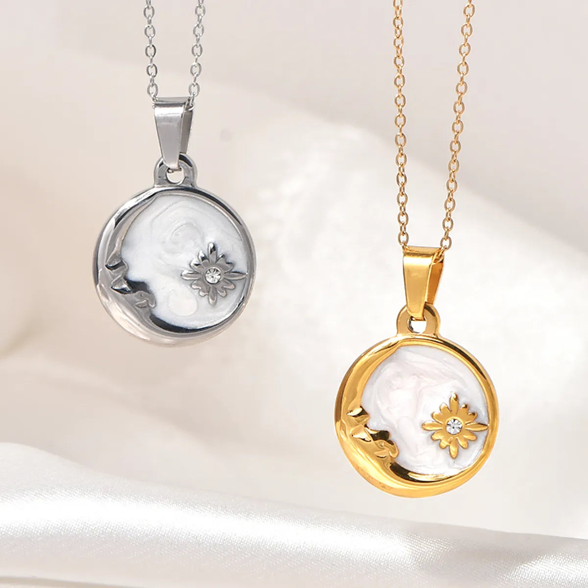 Titanium Steel Simple Style Moon Inlay Zircon Pendant Necklace