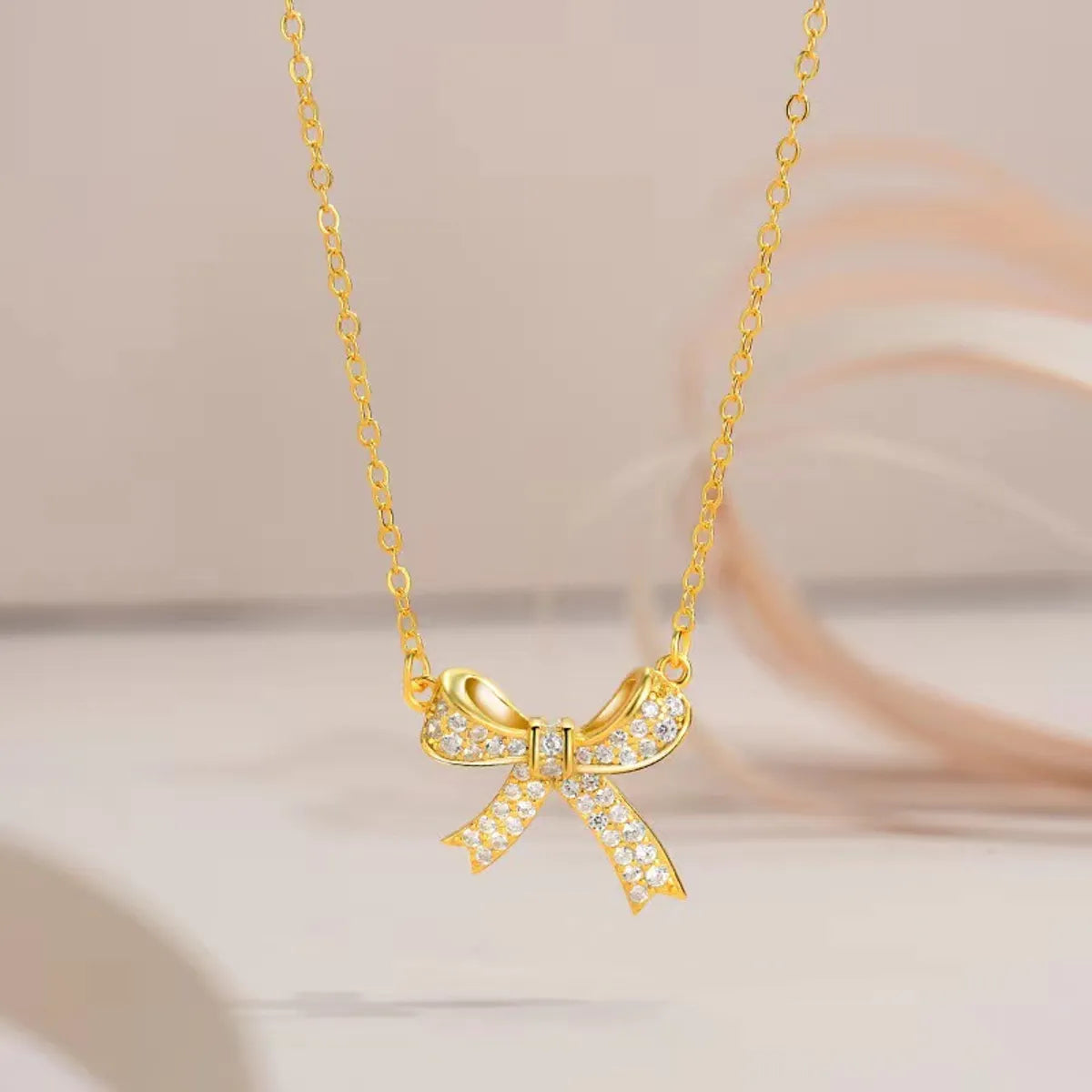 Titanium Steel Simple Style Shiny Bow Knot Inlay Zircon Necklace