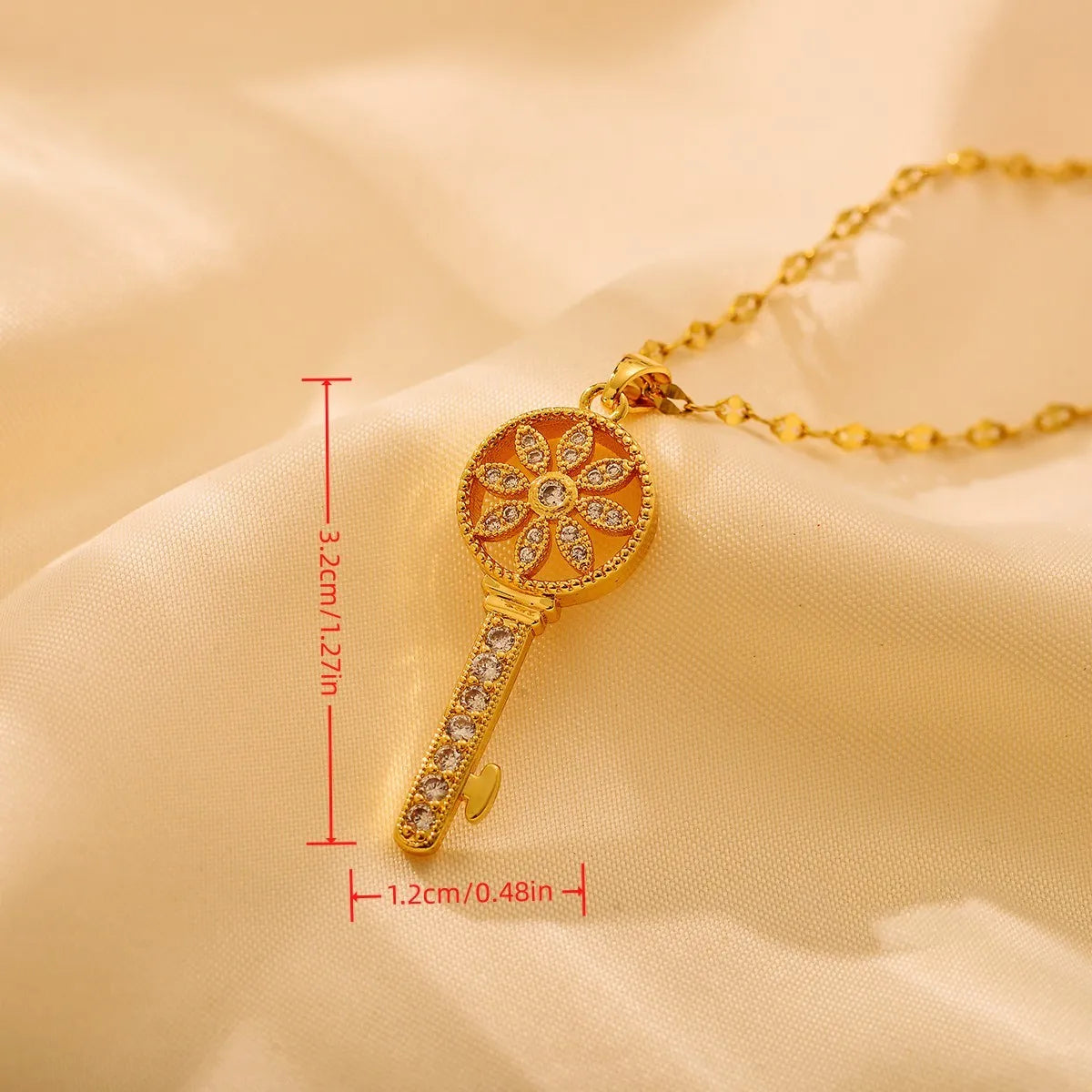 Titanium Steel Simple Style Shiny Round Key Hollow Out Inlay Zircon Pendant Necklace