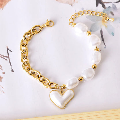 Sweet Geometric Devil'S Eye Heart Shape 304 Stainless Steel 18K Gold Plated Artificial Pearls Rhinestones Shell Bracelets In Bulk