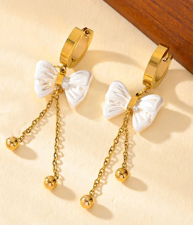 Wholesale Jewelry Sweet Simple Style Bow Knot Titanium Steel Acrylic 18K Gold Plated Earrings Necklace