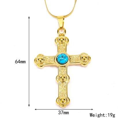 Titanium Steel Vintage Style Cross Plating Inlay Artificial Gemstones Pendant Necklace