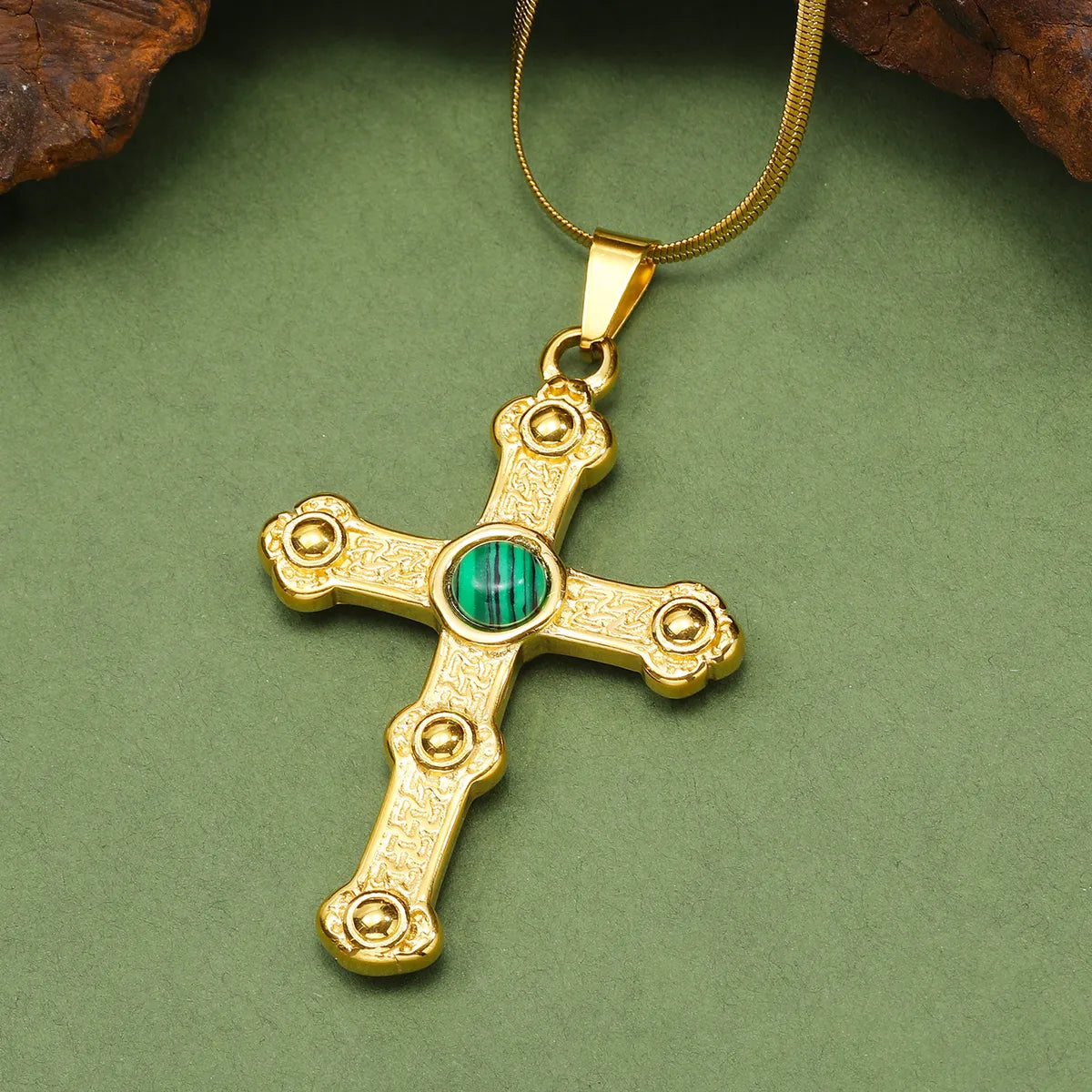 Titanium Steel Vintage Style Cross Plating Inlay Artificial Gemstones Pendant Necklace