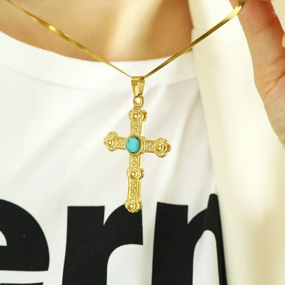 Titanium Steel Vintage Style Cross Plating Inlay Artificial Gemstones Pendant Necklace