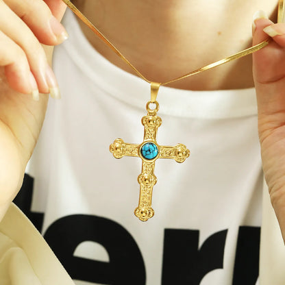 Titanium Steel Vintage Style Cross Plating Inlay Artificial Gemstones Pendant Necklace