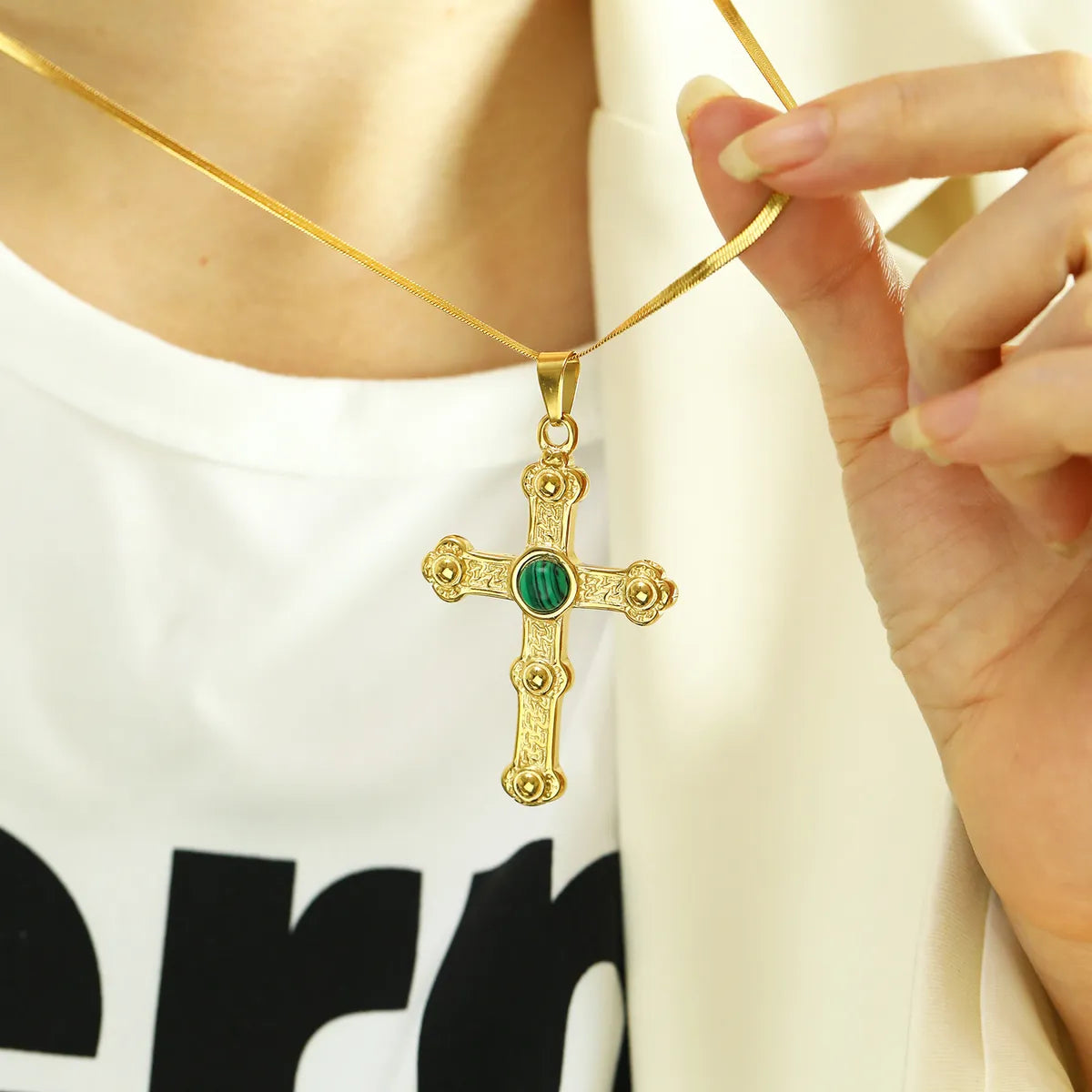 Titanium Steel Vintage Style Cross Plating Inlay Artificial Gemstones Pendant Necklace