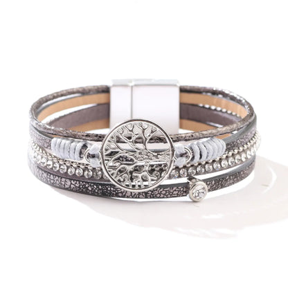 Tree Of Life Diamond Alloy Bracelet Pu Braided Rope Leather Bracelet Jewelry