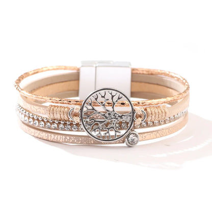 Tree Of Life Diamond Alloy Bracelet Pu Braided Rope Leather Bracelet Jewelry