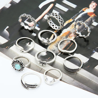 Trendy Hollow Diamond Water Drop Joint Open Alloy Ring 15-Piece Set