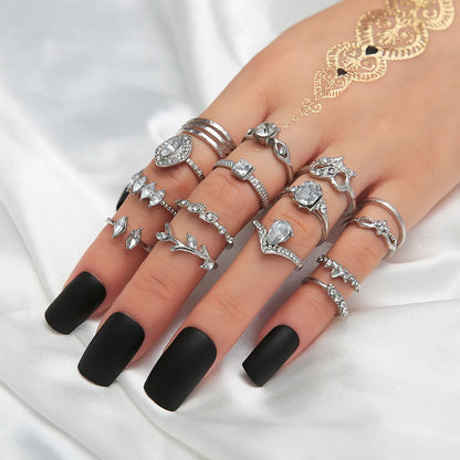 Trendy Hollow Diamond Water Drop Joint Open Alloy Ring 15-Piece Set