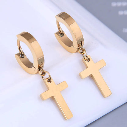 Trendy Silvery Golden Pendant Cross Shape Titanium Steel Hoop Earrings