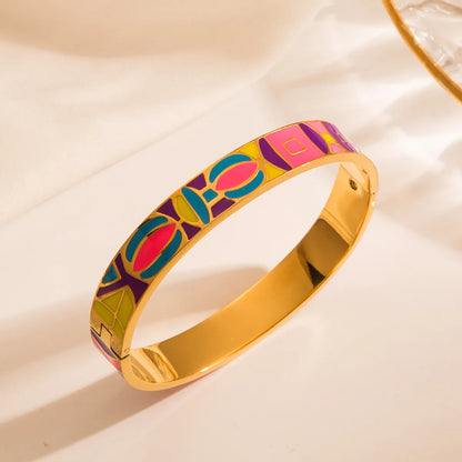 Tropical Color Block Stainless Steel Enamel Gold Plated Zircon Bangle