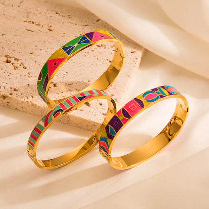 Tropical Color Block Stainless Steel Enamel Gold Plated Zircon Bangle