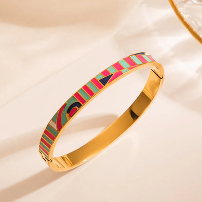 Tropical Color Block Stainless Steel Enamel Gold Plated Zircon Bangle