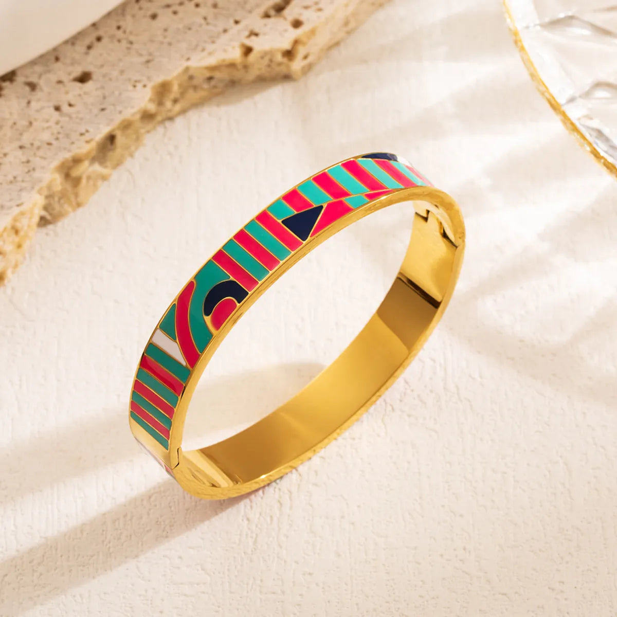 Tropical Color Block Stainless Steel Enamel Gold Plated Zircon Bangle