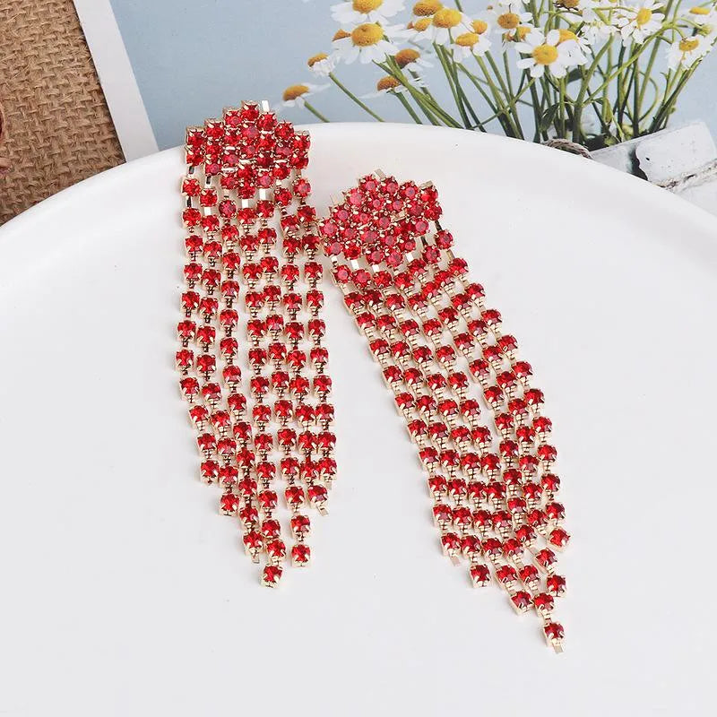 Ultra Flash Rhinestone Long Tassel Chain Earrings For Women